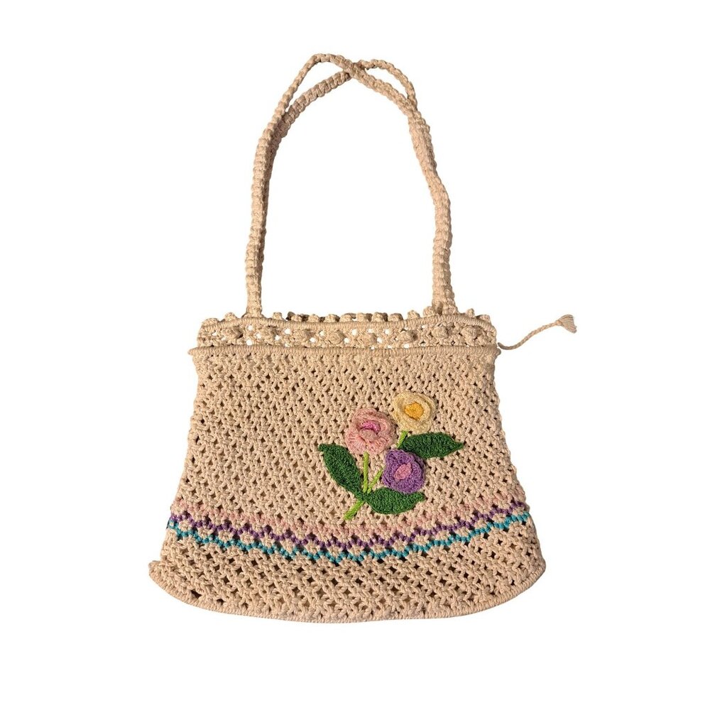 Vintage Handmade Macrame Bag Purse Floral Design Braided Cord Handles
